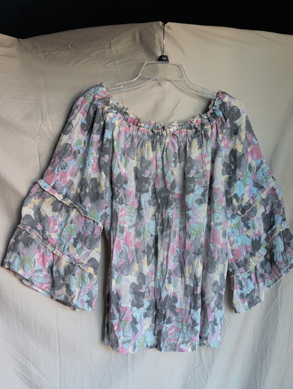 Zac & Rachel Pastel Floral Off-Shoulder Blouse in Gray, Pink and Blue